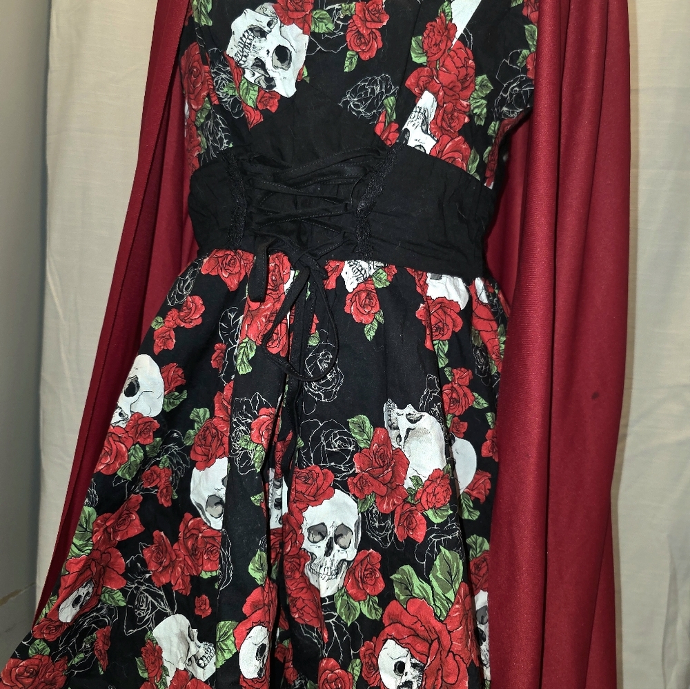 Hot Topic Black And Red Skull Velvet Dress - Picture 2 of 5